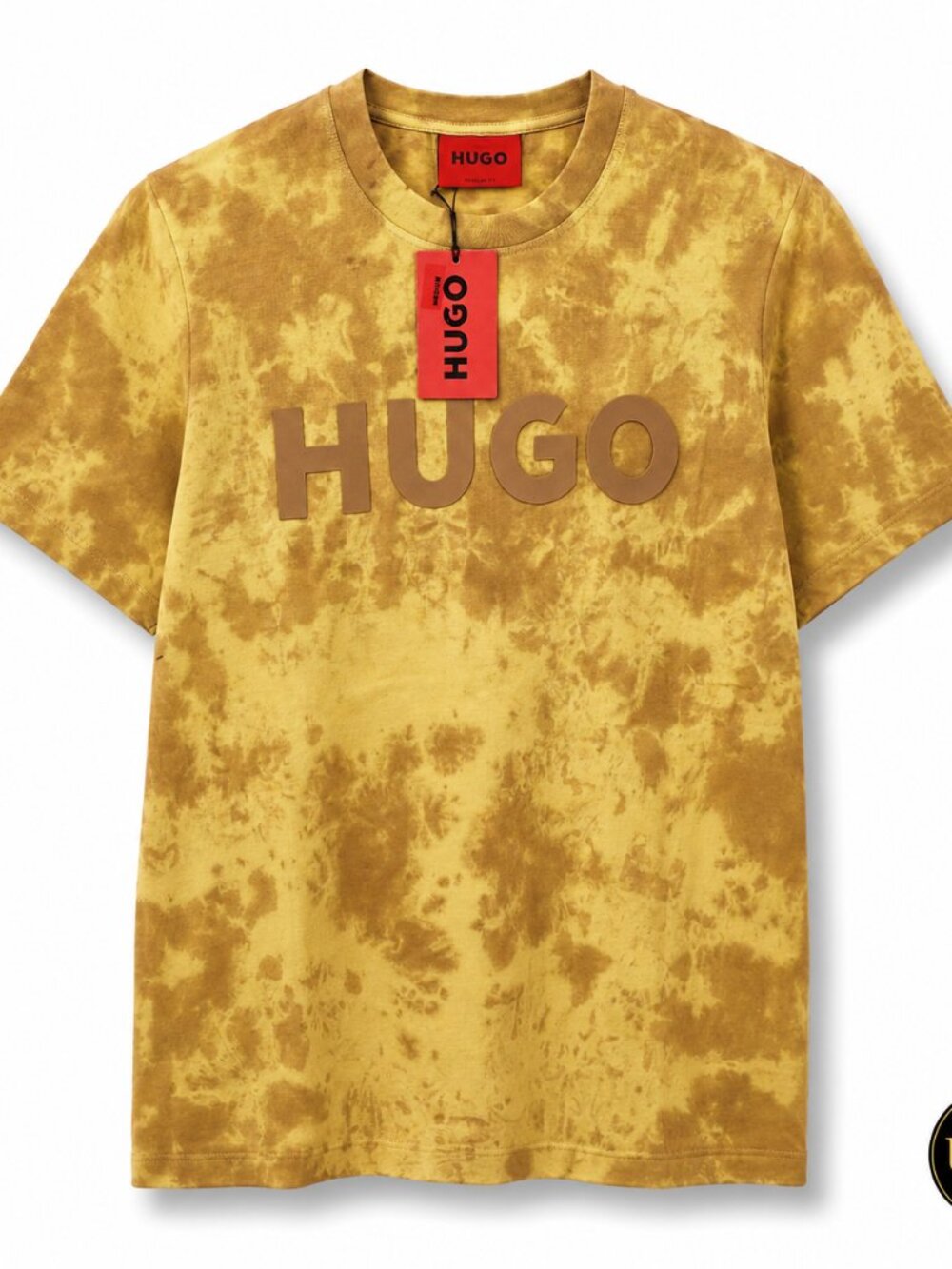 HUGO Men’s Mustard Tie-Dye Logo T-Shirt NWT | Graphic Crew Neck Tee